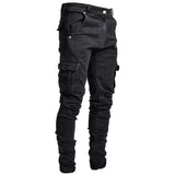 SHOPMOCHO Men Street Elastic Denim Jeans Wash Solid Color Multi Pockets Cargo Pants Casual Slim Fit Daily Wear Joggers Mid Waist Trousers