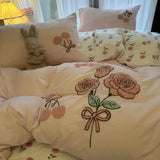 SHOPMOCHO Korean Style Bedding Set Green Strip Black Cat Embroidery Washed Cotton  Duvet Cover Cute Cardboard  Bed linen Comforter Sets