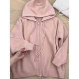 Shopmocho Gray Hooded Sweater Coat Autumn Winter Double Zipper Long Sleeve Loose Fashion Korean Soft Thickened Knitted Tops Coats