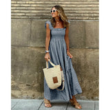 Shopmocho Elegant Plaid Slip Maxi Long Dress Summer Women Strapless Ruffle Backless Pleated Elastic Waist Boho Party Swing Loose Dresses