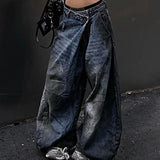 SHOPMOCHO Blue Womens Jeans High Waist Vintage Design Hip Hop Straight Baggy Denim Pants Street Y2K American Style Wide Leg Denim Trouser