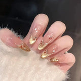 SHOPMOCHO 10Pcs Fashion Gentle Handwork Press On Nails French Style Flowers Butterfly Rhinestone Pearl Design Detachable False Nails Gift