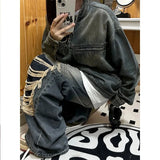 SHOPMOCHO American Retro Vibe Style Workwear Denim Jacket Women's Autumn Loose Design Washed Distressed Cardigan Jacket Trendy