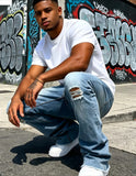 SHOPMOCHO Men's Light Blue Denim Pants, Distressed Flared Jeans with Knee Rips & Frayed Hem for Streetwear