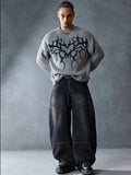 Shopmocho Y2K Men Black Trend Dressing Up Korean Style Simple Baggy Angel Printed Jeans 2025 Fashion Necessary Solid Retro Straight Pants