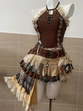 SHOPMOCHO Summer Gothic Retro Fur Trim Corset Design Woman Suit Y2k Slim Lolita Elegant 2 Piece Sets Female Korea Style Sexy Chic Outfits