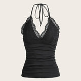 Shopmocho Black Lace Patchwork Halter Top Women Summer Solid Ruched Backless Sleeveless Tank Top Streetwear Clothes