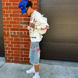 SHOPMOCHO Y2K Graffiti Jorts Rhinestone Distressed Printed Denim Shorts Men Women Trend Retro Hip Hop Streetwear Unisex Baggy Short Pants