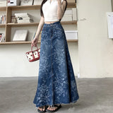 Shopmocho 2025 Trend Women's Y2K Jeans Skirt - Flared Hem High Waist Printed Denim Maxi Skirt  A-Line Bodycon Midi Length Wrap Skirt