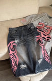 SHOPMOCHO Black Washed Wear Out Ripped Denim Shorts High Street Baggy Straight Leg Pink Printed Five Quarter Pants Mid Waist Gothic Shorts