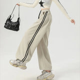 SHOPMOCHO Women Stripe Chic Straight Pant Autumn Spring Retro Sports Sweatpants High Waist Color Blocked Trouseres Lady Casual Streetwear