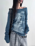 SHOPMOCHO Autumn Harajuku Women Vintage Print Tees Streetwear Grunge Skew Collar Graphic Tshirt Y2k Aesthetic Casual Hiphop Grunge Top