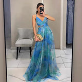 SHOPMOCHO-Elegant Print Pleated Mesh Evening Dress Sexy Off Shoulder Ins Vacation Long Dress Summer V Neck High Waist Backless Sling Dress