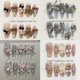 SHOPMOCHO Sweet Lovely Cartoon Bear Long Coffin Stiletto Fake Nails Bowknot Pearl Diamond Flowers Cat Eyes Wearable Fake Nails