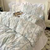 Shopmocho Korean Style Princess Floral Washed Cotton Bedding Set Vintage French Pastoral Flowers Lace ruffles  Duvet Cover Set Pillowcase