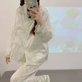 SHOPMOCHO 2026 New Ice Silk 2 Pieces Pajamas for Women Autumn Spring Women's Pajamas Set Elegant Ptinting Flower Home Wear Soft Sleepwear