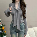 SHOPMOCHO Slim Drawstring Lacing Sexy Tops Women Clothing Spring Autumn Long Sleeve Solid Simplicity Temperament T Shirts Korean Fashion