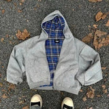 Shopmocho Blue Double-Sided Simple Style Wearable Gray Sweatshirt Plaid Inside Gothic Jacket Men And Women Streetwear