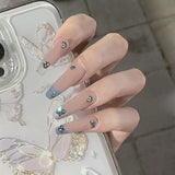 Shopmocho 24Pcs Almond Pure Handmade Press On Nails Full Cover Butterfly French Pearl Diamond False Nails Wearable Manicure Nail Tips Art