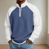 SHOPMOCHO 2026 Spring New Casual Mens Sweatshirt Vintage Patchwork Waffle Plaid Textured Pullovers Men Fashion Stand Collar Zipper Jumper