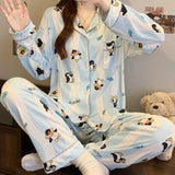 SHOPMOCHO Cartoon Cute Penguins Print Women's Pajamas Fashion Blue White Striped Milk Silk Homewear 2025 Spring Fall New Casual Sleepwear