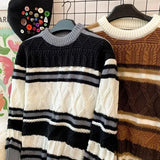 Shopmocho American autumn and winter street fashion personalized jacquard round neck pullover for couples loose retro color blocked knit