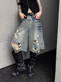 SHOPMOCHO Y2K Hole Jeans Shorts Women American Loose Streetwear Hot Girls Wide Leg Shorts Summer High Waist Retro Wash Denim Shorts