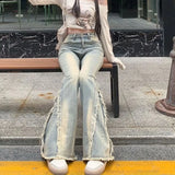 SHOPMOCHO Women Vintage Blue Jeans High Waist American Retro 90s Raw Material Edge Design Y2k Denim Pants Streetwear Wide Leg Jeans