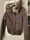 SHOPMOCHOVintage Fur Trim Hooded Bomber Jacket Womens Brown Zipper Coat with Sherpa Lining Ribbed Cuffs Y2K Winter Keep Warm Coats