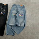 Shopmocho Y2K Washed Loose Jeans Vintage World Map Embroidery Multi Country Flag Patch Wide Leg Jeans Men Women Casual Fashion Streetwear