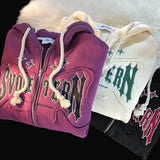 Shopmocho American Style Winter Flocking Letter Embroidery Cardigan Hooded Sweater Men Women Plus Fleece Loose Trendy Couple Jacket