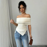 Shopmocho Women 2025 Summer Sexy Irregular White Knitted Top Off-shoulder Pleated Slim Fit Casual  Streetwear T-shirt for women