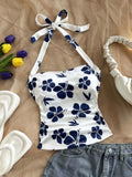 Shopmocho Ladies Summer Beach Style Knitted Floral Print Halter Top Slim Fit Sexy Pleated Waist Youthful  Vacation Top