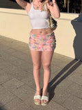 Shopmocho Weird Puss Colorful Flowers Skirts Women Sequins Patchwork Mesh Summer Trend Sweet Street Party Casual Holiday Chic Mini Bottoms