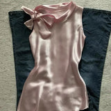 Shopmocho High End French Temperament O Neck Sleeveless Korean Tank Tops Elegant  Bow Appliques Design Camioles Y2k Lrregular Simple Tops