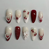 Shopmocho 24pcs Wearable False Nail Strawberry Bow Design Nails Tips Red Short Almond Pearl Starlight Fake Nail Art Flower Press on Nails