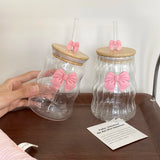 Shopmocho 1Pc Glass with Lid and Straw, Elegant Bow Girl's Glass Cup, Wavy Glass with Lid, Stripesd Glass Cup for Home Decoration, Home Drinking Water, Breakfast Cup, Milk Cup, Afternoon Tea Coffee Cup, Valentine's Day Gift