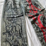 SHOPMOCHO 2025 New American Trend Retro Hip-hop Embroidery Pattern Baggy Jeans For Men And Women Y2K Harajuku Gothic Wide Pants Streetwear