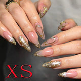 SHOPMOCHO 10PCS Diamond French Pointed Nail Short Square Nail Nude Fake Nail With Gold Glitter Diamond Nail Leopard Print Fake Nail