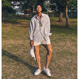 Shopmocho Men's Blue Vertical Striped Long-Sleeved Shirt, Korean Style High Quality Casual  Shirt Coat， Travel ，Hiking
