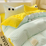 Shopmocho Small Fresh Cream Style Striped Simple Embroidery Big Eyes Four-piece Bed Sheet Quilt Cover Bed Sheet Dormitory Three-piece Set