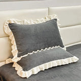 SHOPMOCHO Solid Color Autumn and Winter Thickened Pillowcase Milk Velvet Embroidered Pillowcase with Lace Design