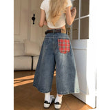 SHOPMOCHO American retro plaid pocket wide-leg short jeans for women loose and casual straight high waist slimming men and women pants