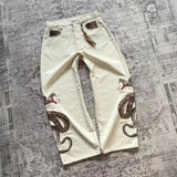 SHOPMOCHO Streetwear Retro Snake Jeans Boa Embroidery Graphic Python Print Pocket Denim Pants Y2K Trend Unisex Baggy Straight Leg Pants