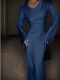 Shopmocho Women's Bespoke Satin Maxi Dress with Corset Waist Tie Classic Round Neck & Dramatic Flared Sleeves Luxury Evening Dress