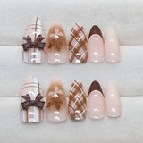 Shopmocho 24Pcs Brown Plaid Press on Nails French Bow Spring False Nail Medium Almond Fashion Atmosphere Wearable Nail for Women&Girl