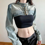 SHOPMOCHO  Y2K Cropped Denim Jacket Women Vintage 90S Sexy Long Sleeve Jeans Coats Summer Gyaru Harajuku Streetwear Design Outerwears