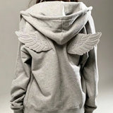 SHOPMOCHO Women Fashion Grey Angel Wing Embroidered Hoodie Zipper Kawaii Pullover Sweatshirt Wing Y2K Streetwear Goth 2000s Alt Clothes