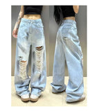 SHOPMOCHO High Waist Wide Leg Denim Jeans Women's Summer New Style High Street Hole Design Slimming Long Trousers Trendy Fashion