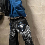 Shopmocho High Street Gothic Embroidered Men Black Red Pattern Y2K High Waist Jeans American Retro Street Couple Casual Pants